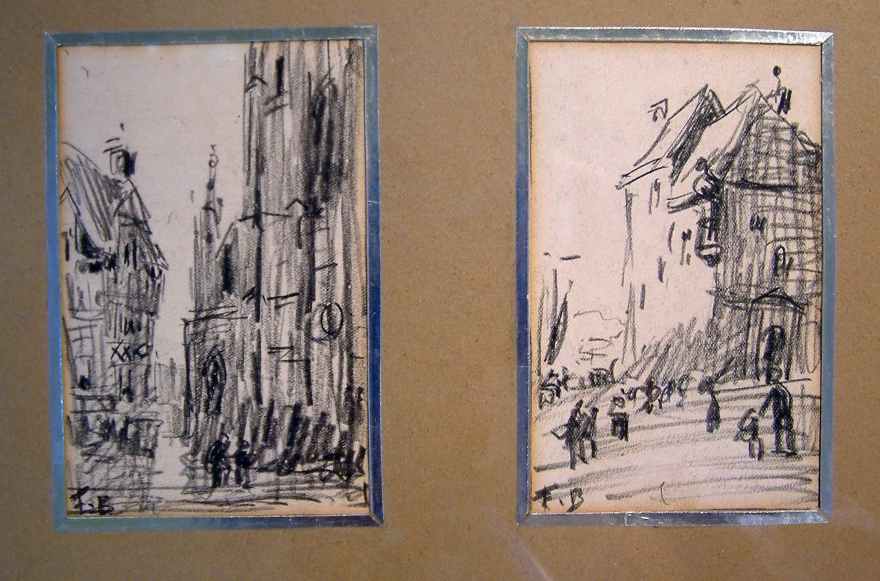 Frank Myers Boggs (1855-1926), 2 pencil sketches, Views of Caudebec and Honfleur, initialled, 11 x 7.5cm, framed as one